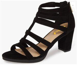 FSJ Women Chunky Mid High Heel Sandals Open Toe T-Strap Pumps Cutout Black